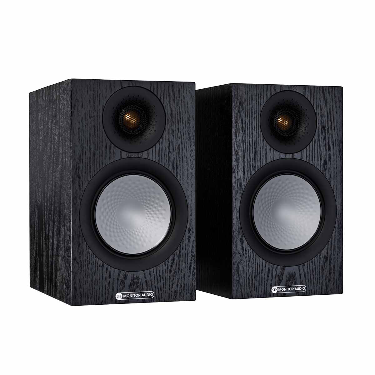 Monitor Audio Silver 50 7G Bookshelf Speakers, Black Oak, front angle with both grilles off