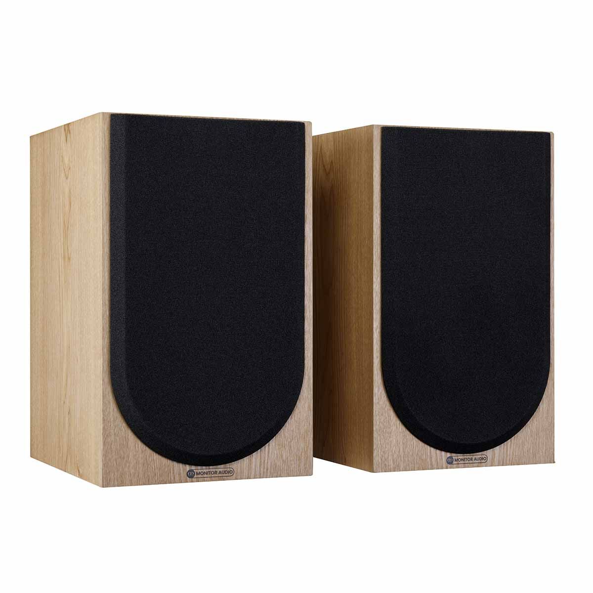 Monitor Audio Silver 100 7G Bookshelf Speakers, Ash, front angle with both grilles on