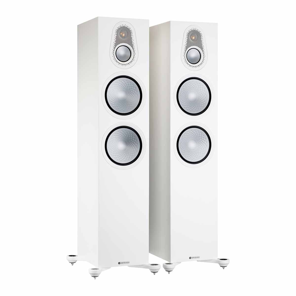 Monitor Audio Silver 500 7G Floorstanding Speakers, Satin White, front angle with both grilles off