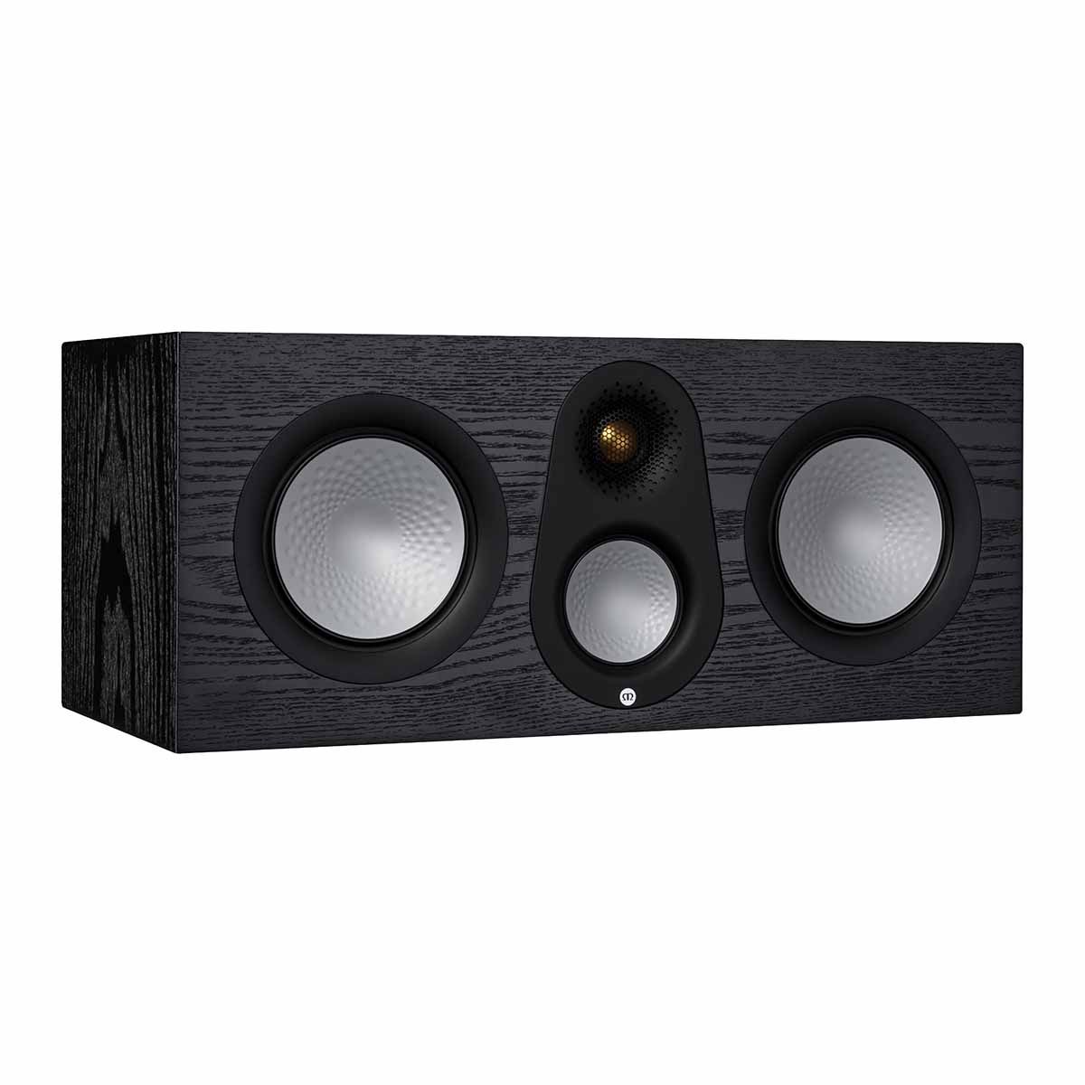 Monitor Audio Silver C250 Center Channel Speaker, Black Oak, front angle with grille off