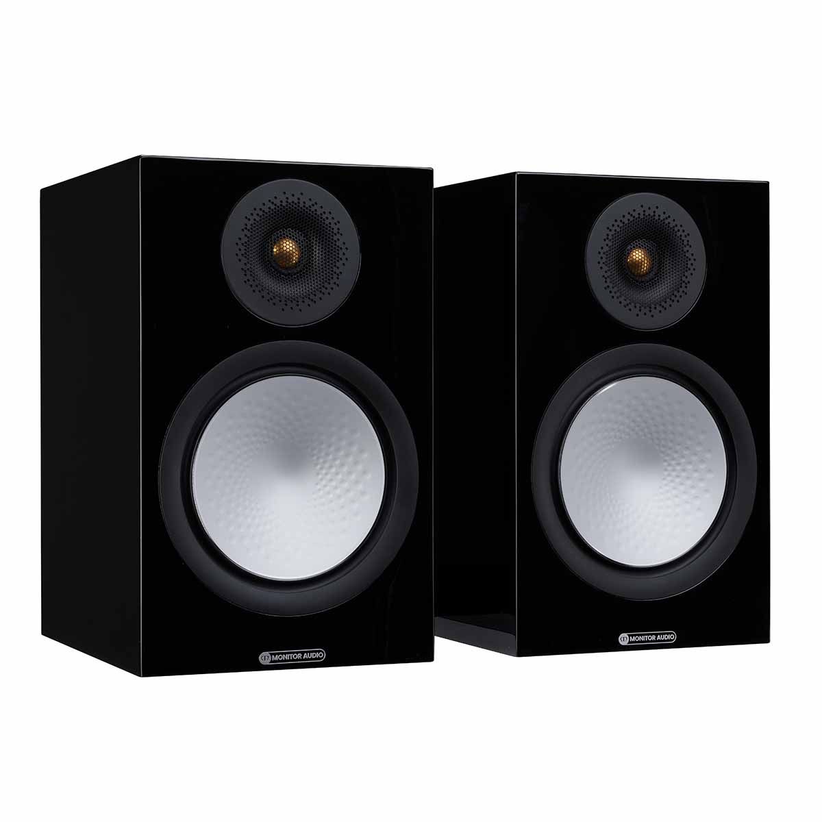 Monitor Audio Silver 100 7G Bookshelf Speakers, High Gloss Black, front angle with both grilles off