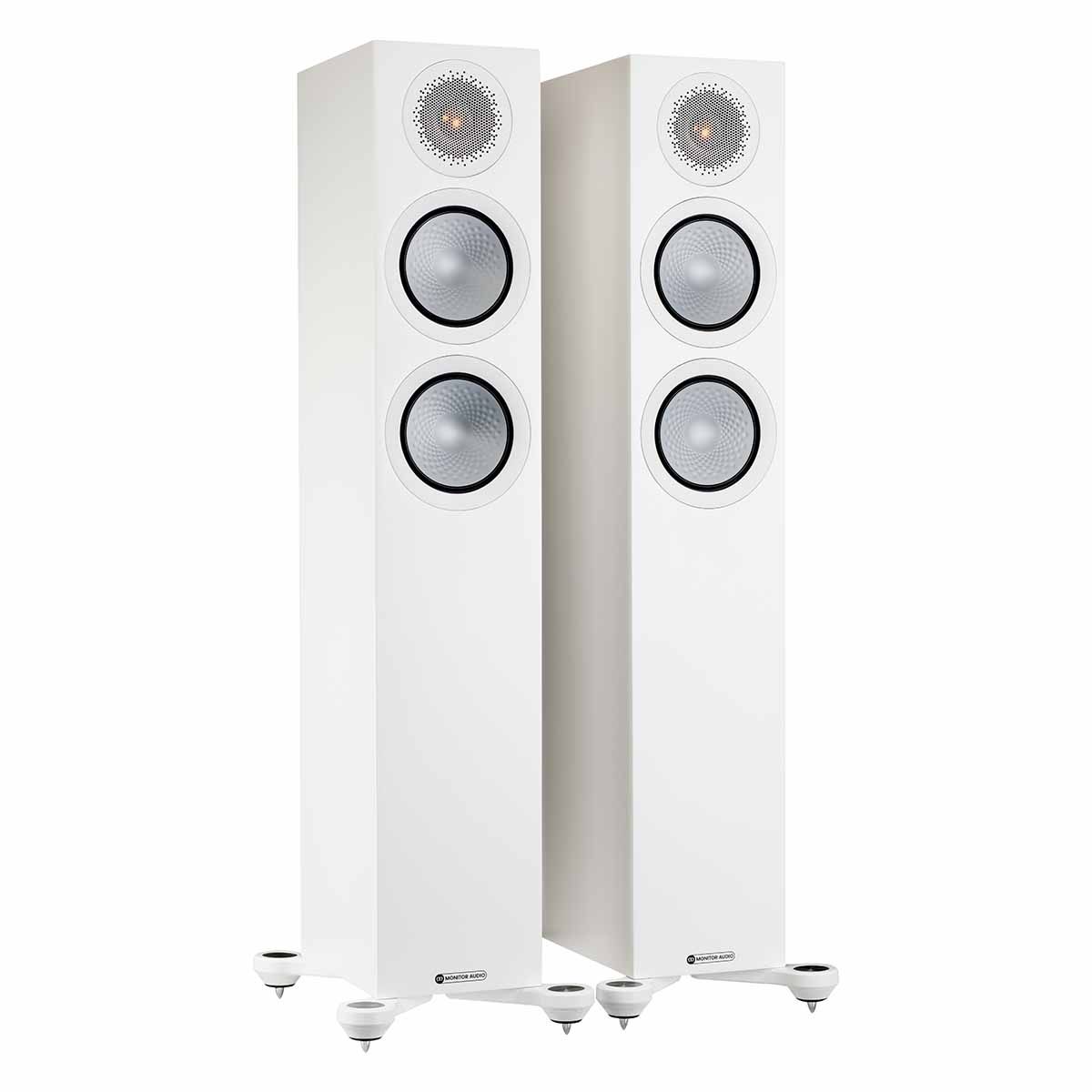 Monitor Audio Silver 200 7G Floorstanding Speakers, Satin White, front angle with both grilles off