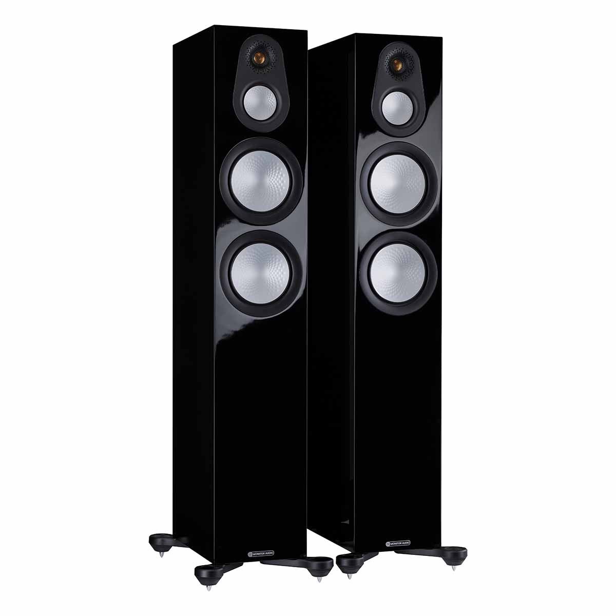 Monitor Audio Silver 300 7G Floorstanding Speakers, High Gloss Black, front angle with both grilles off