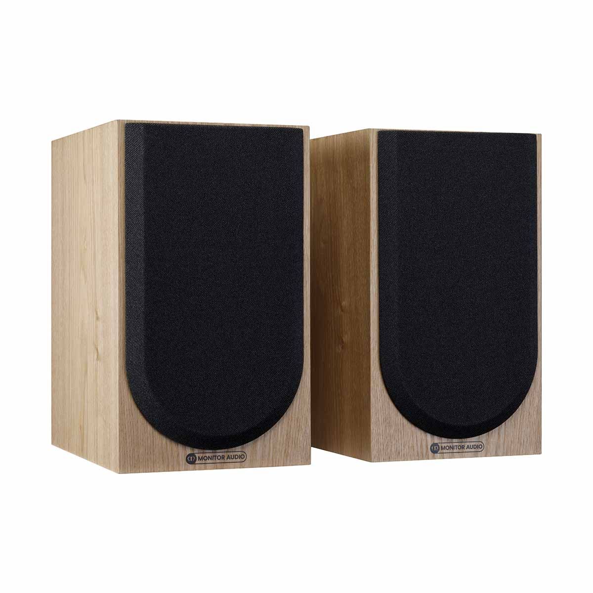 Monitor Audio Silver 50 7G Bookshelf Speakers, Ash, front angle with both grilles on