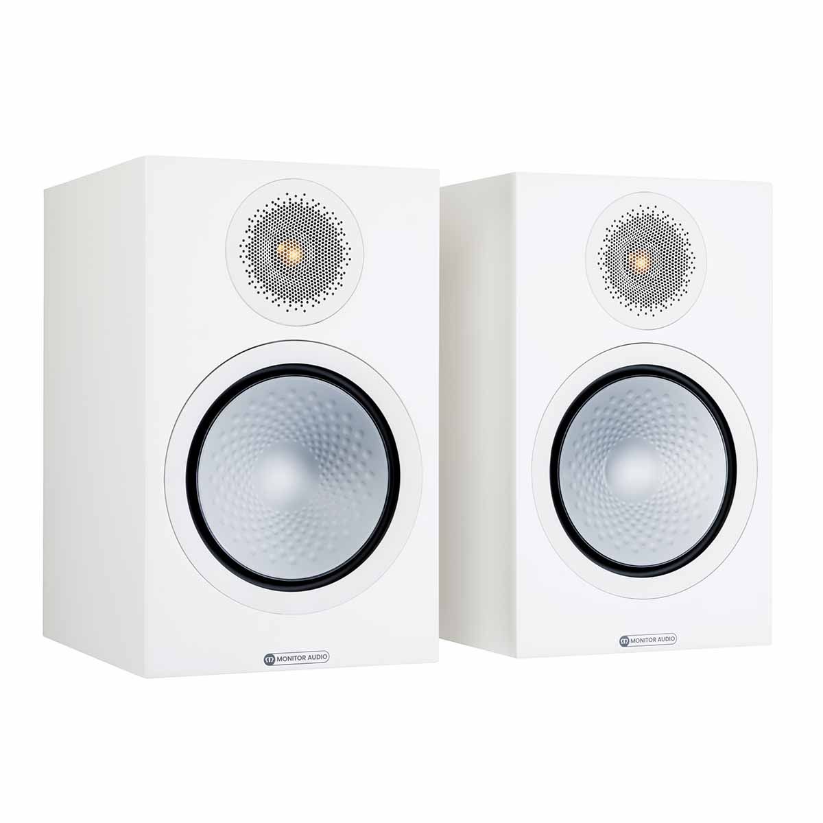 Monitor Audio Silver 100 7G Bookshelf Speakers, Satin White, front angle with both grilles off