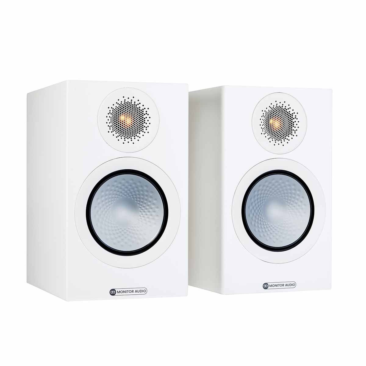 Monitor Audio Silver 50 7G Bookshelf Speakers, Satin White, front angle with both grilles off