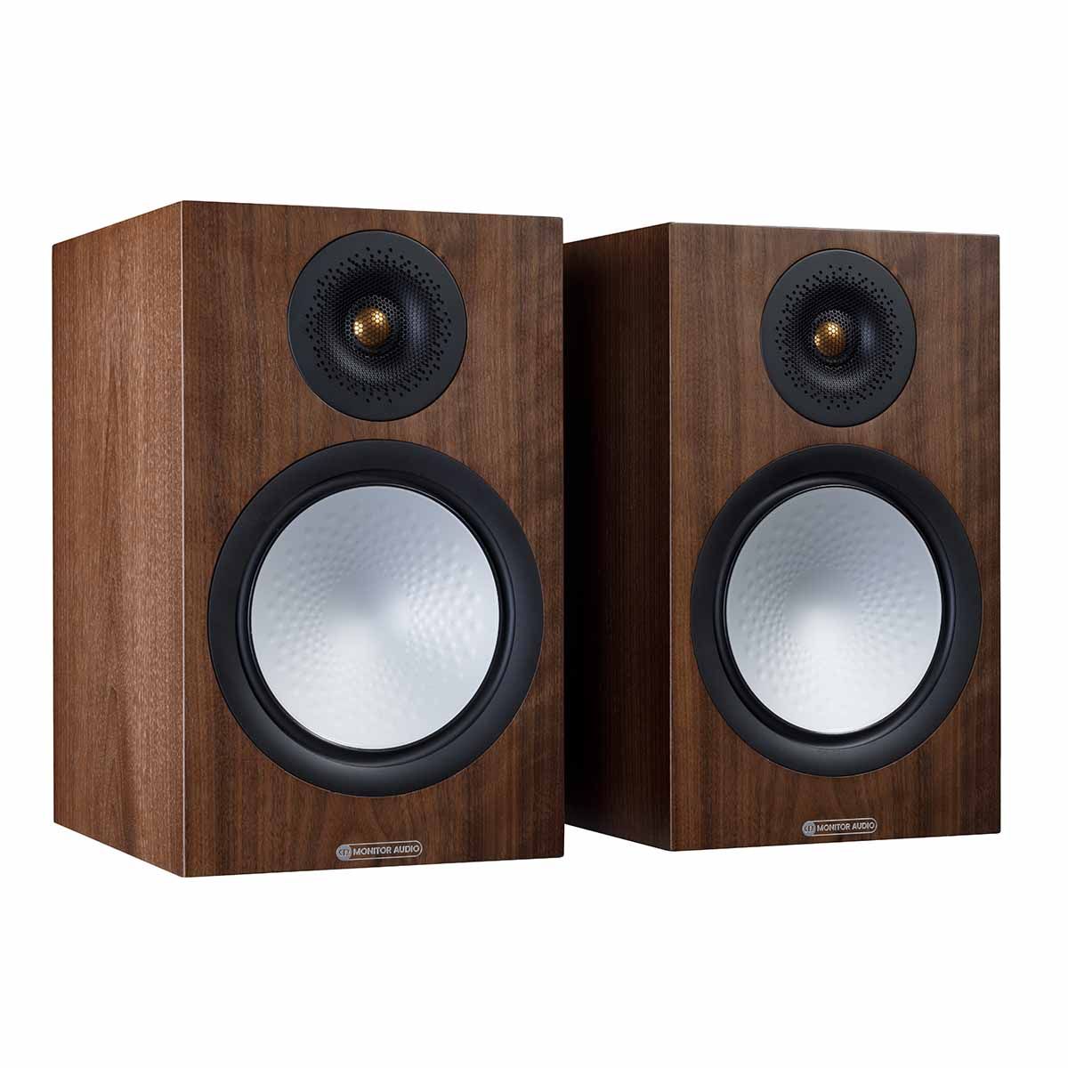 Monitor Audio Silver 100 7G Bookshelf Speakers, Natural Walnut, front angle with both grilles off