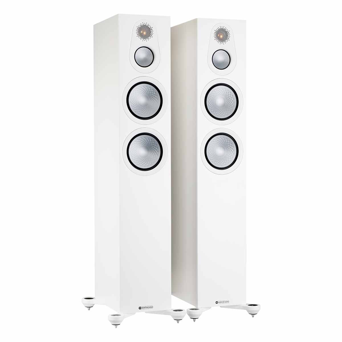 Monitor Audio Silver 300 7G Floorstanding Speakers, Satin White, front angle with both grilles off