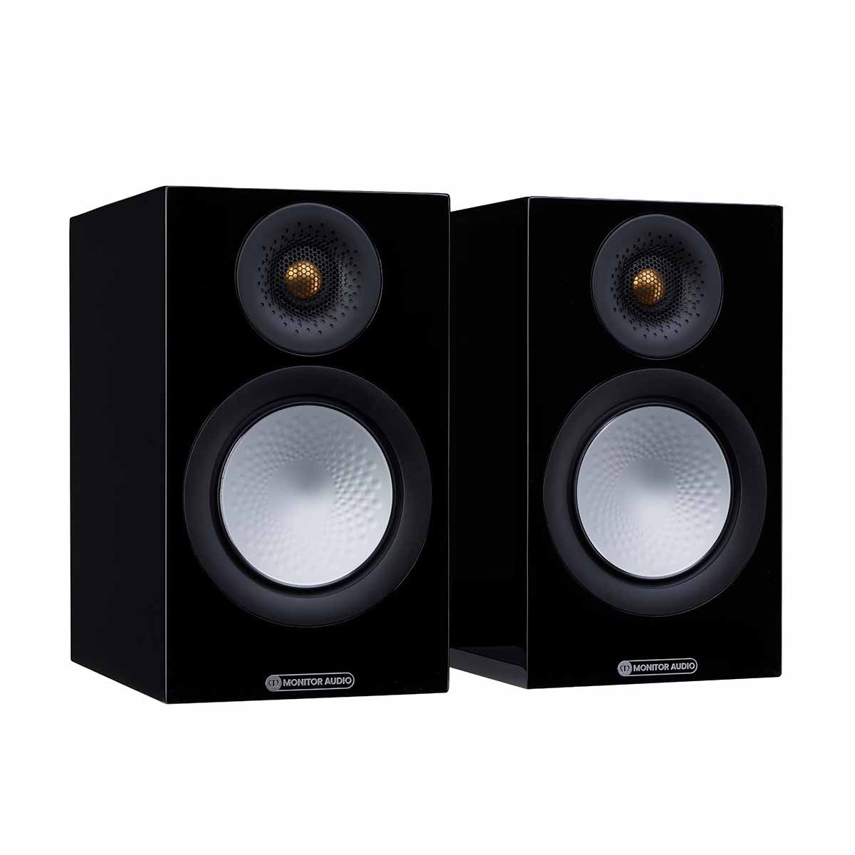 Monitor Audio Silver 50 7G Bookshelf Speakers, High Gloss Black, front angle with both grilles off