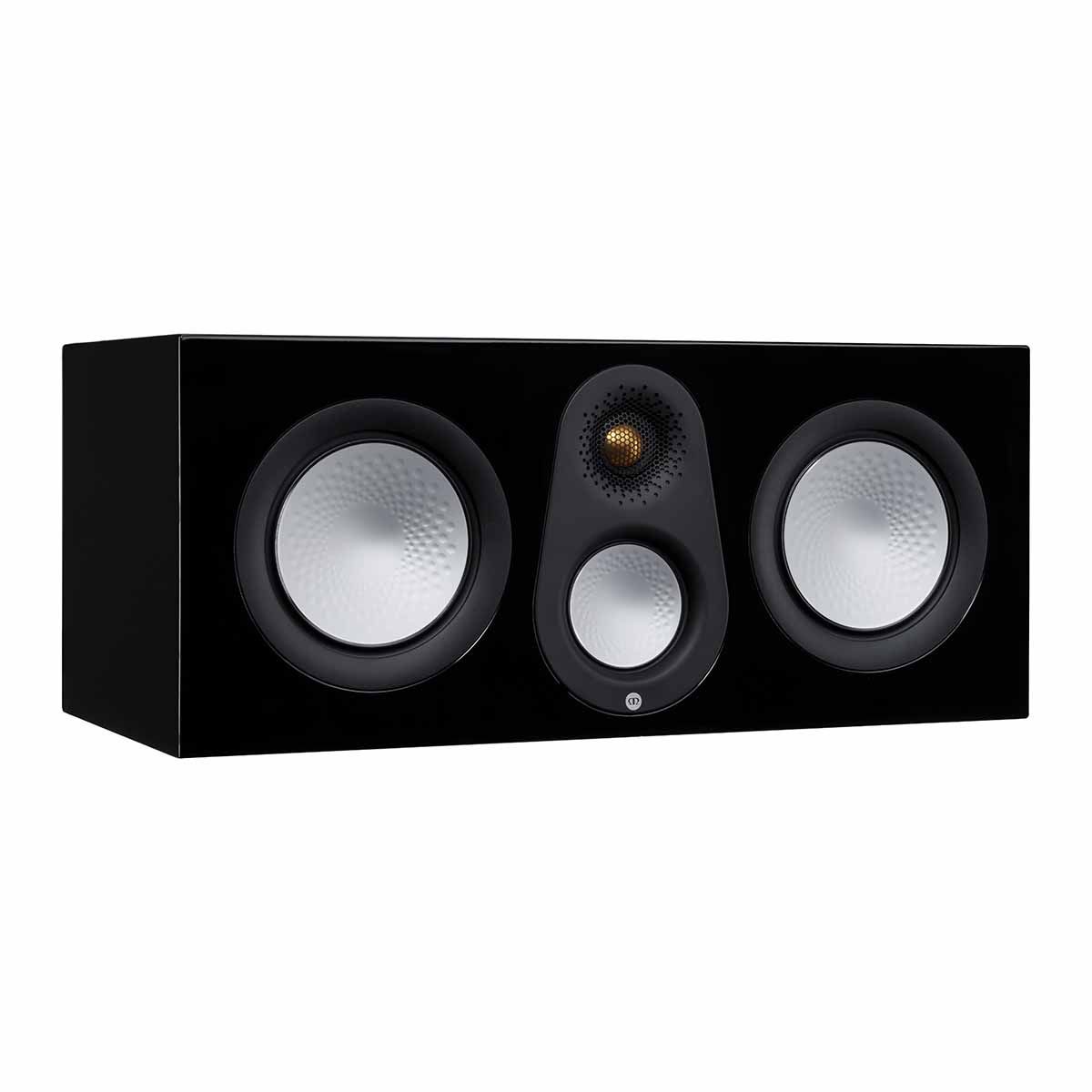 Monitor Audio Silver C250 Center Channel Speaker, High Gloss Black, front angle with grille off