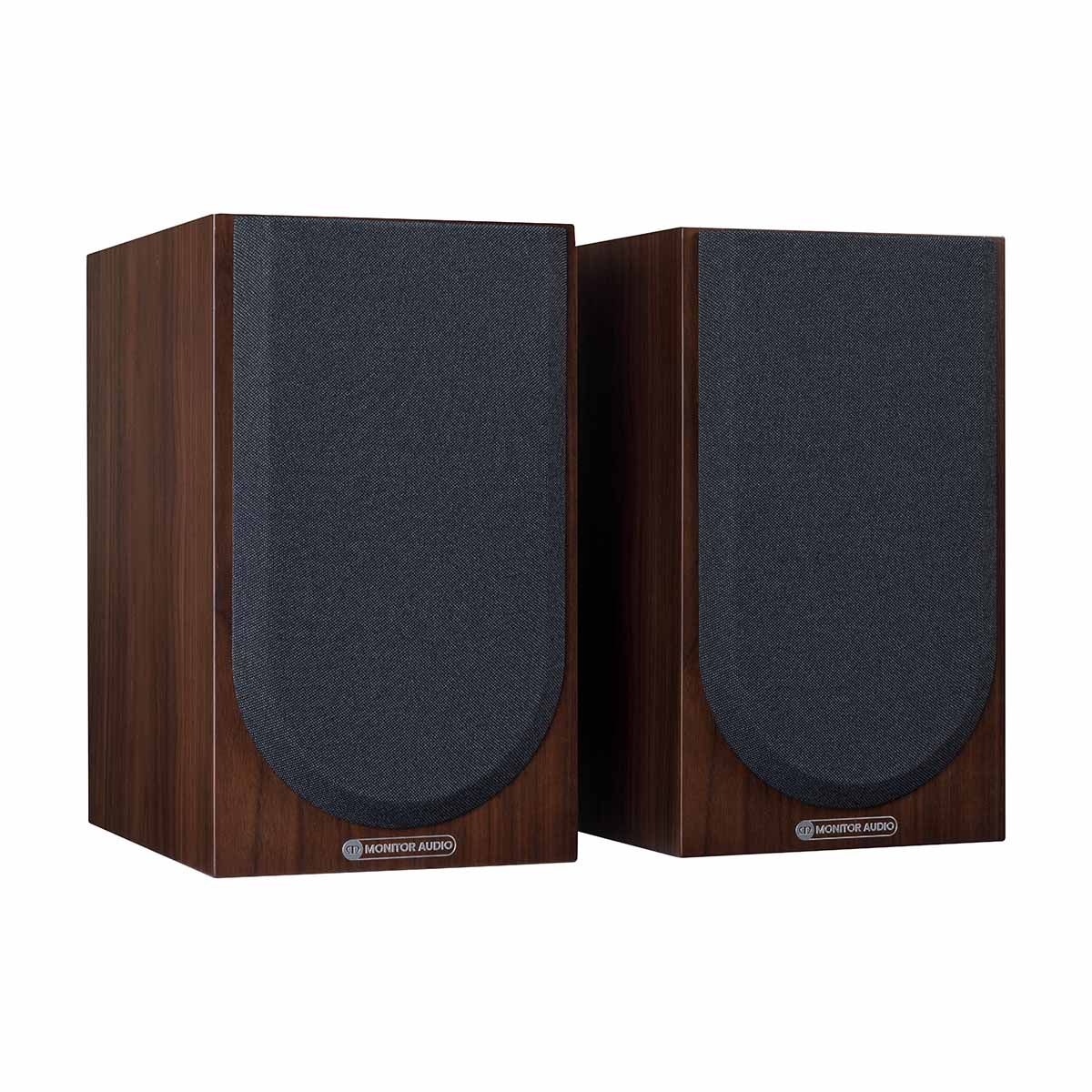 Monitor Audio Silver 50 7G Bookshelf Speakers, Natural Walnut, front angle with both grilles on
