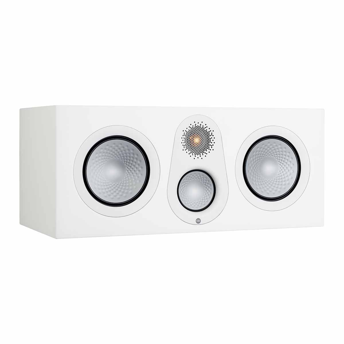 Monitor Audio Silver C250 Center Channel Speaker, Satin White, front angle with grille off