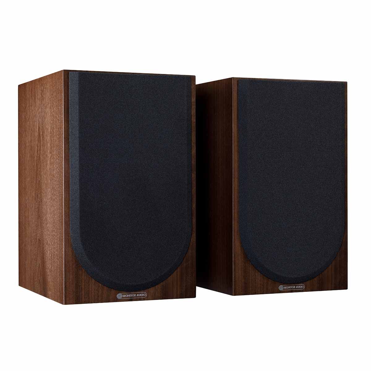 Monitor Audio Silver 100 7G Bookshelf Speakers, Natural Walnut, front angle with both grilles on