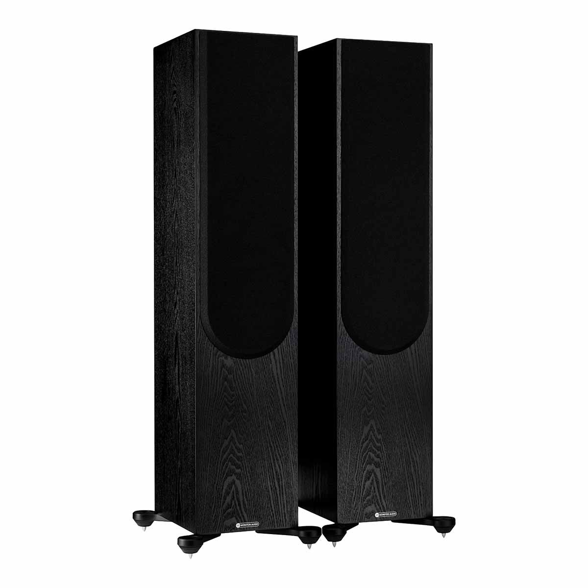 Monitor Audio Silver 500 7G Floorstanding Speakers, Black Oak, front angle with both grilles on