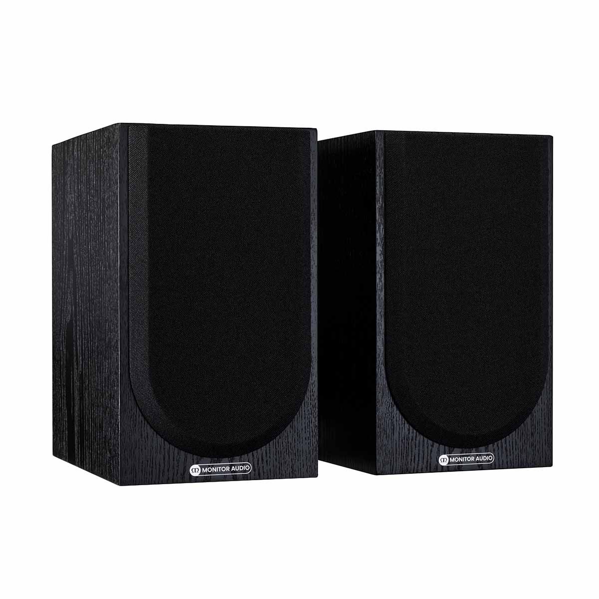 Monitor Audio Silver 50 7G Bookshelf Speakers, Black Oak, front angle with both grilles on