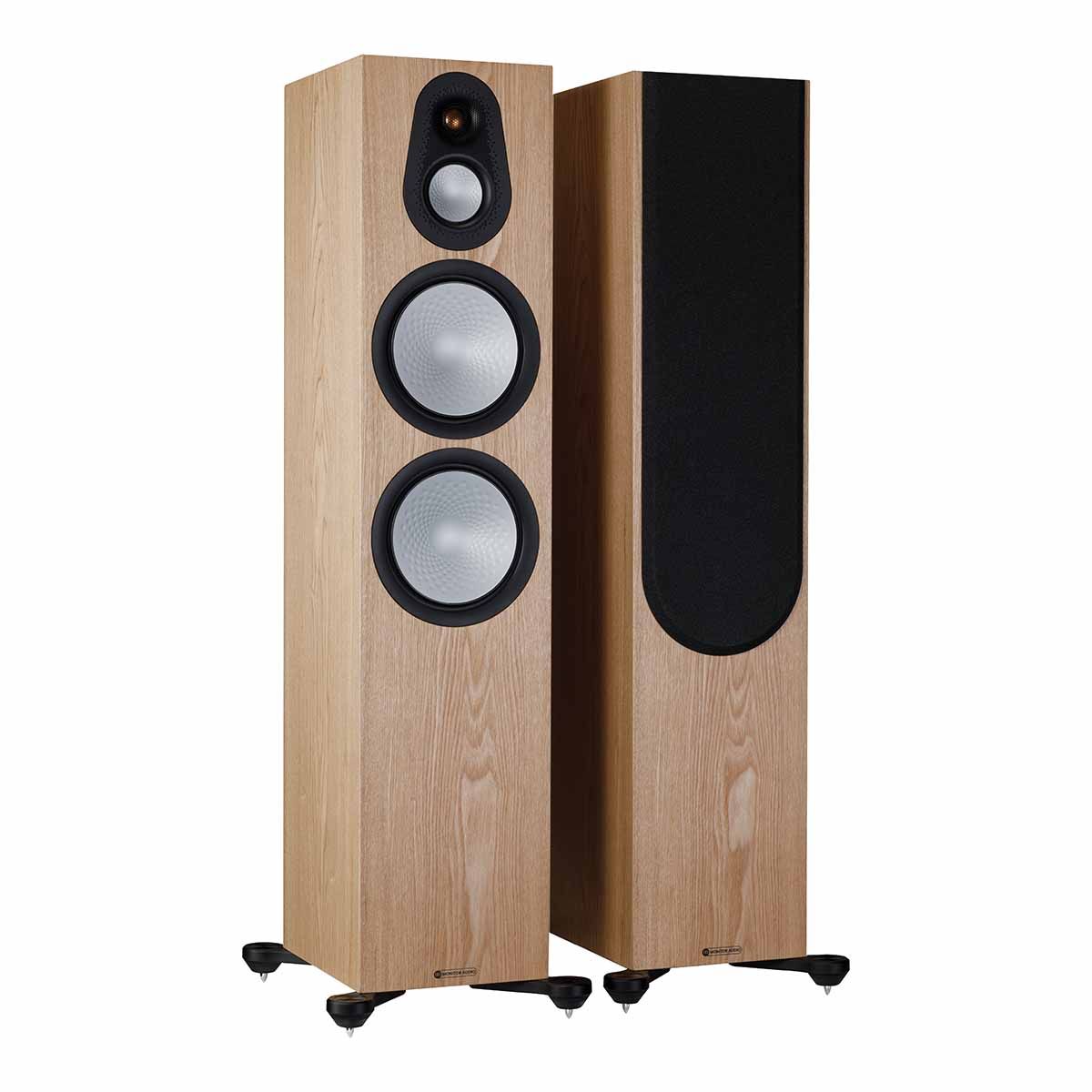 Monitor Audio Silver 500 7G Floorstanding Speakers, Ash, front angle with one grille on and one grille off