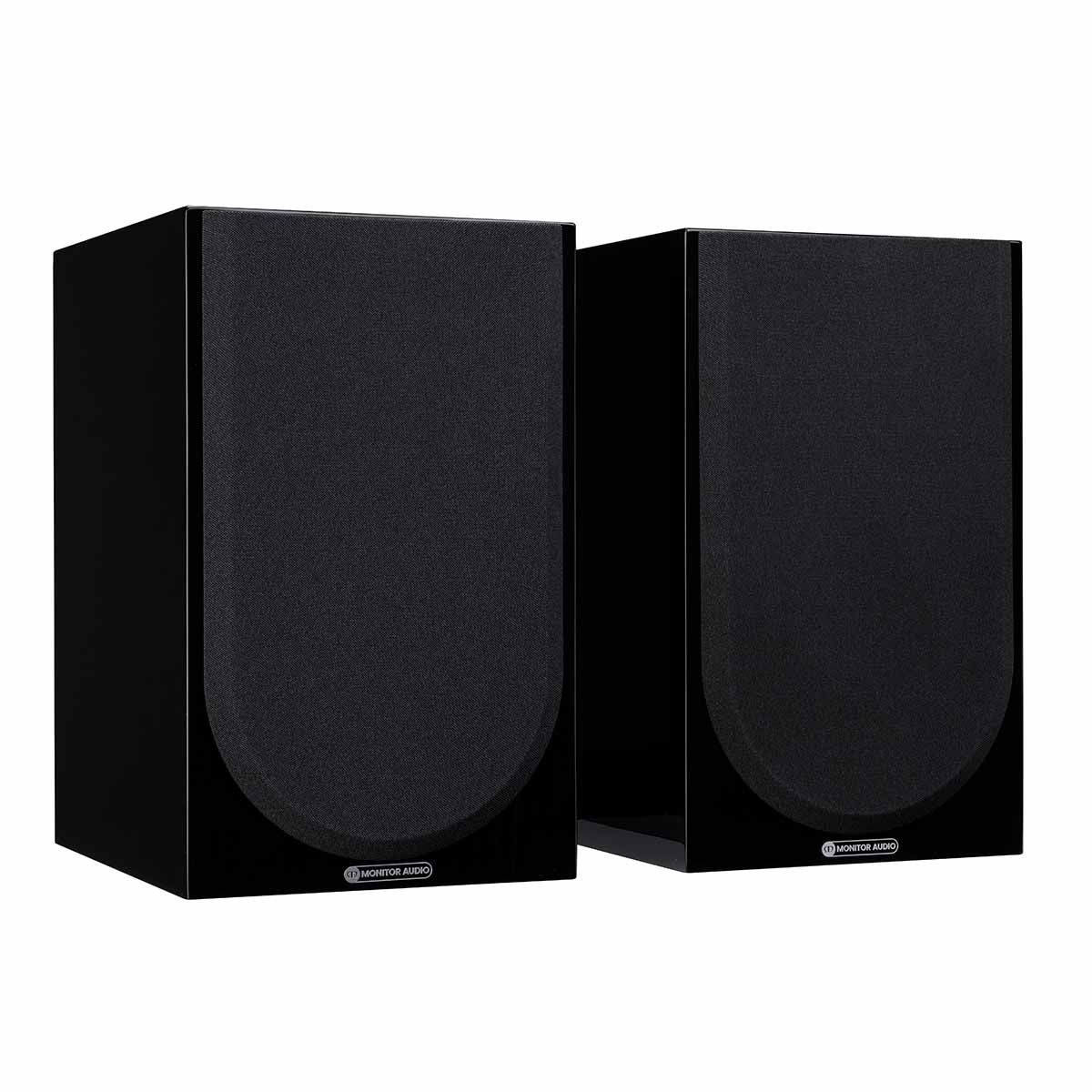 Monitor Audio Silver 100 7G Bookshelf Speakers, High Gloss Black, front angle with both grilles on