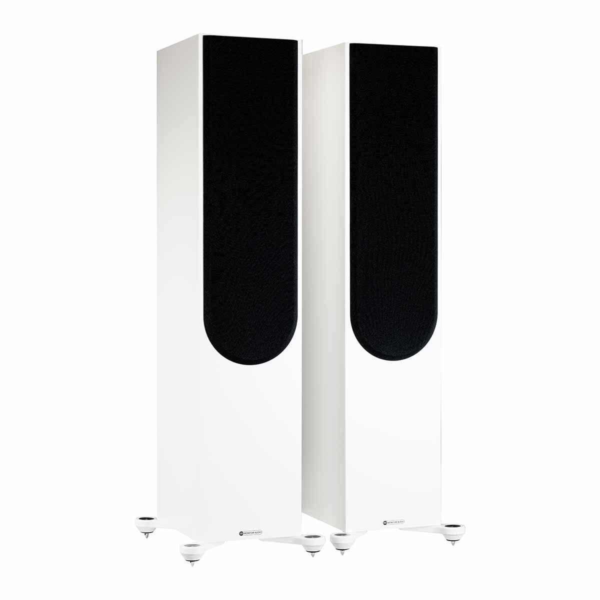 Monitor Audio Silver 500 7G Floorstanding Speakers, Satin White, front angle with both grilles on