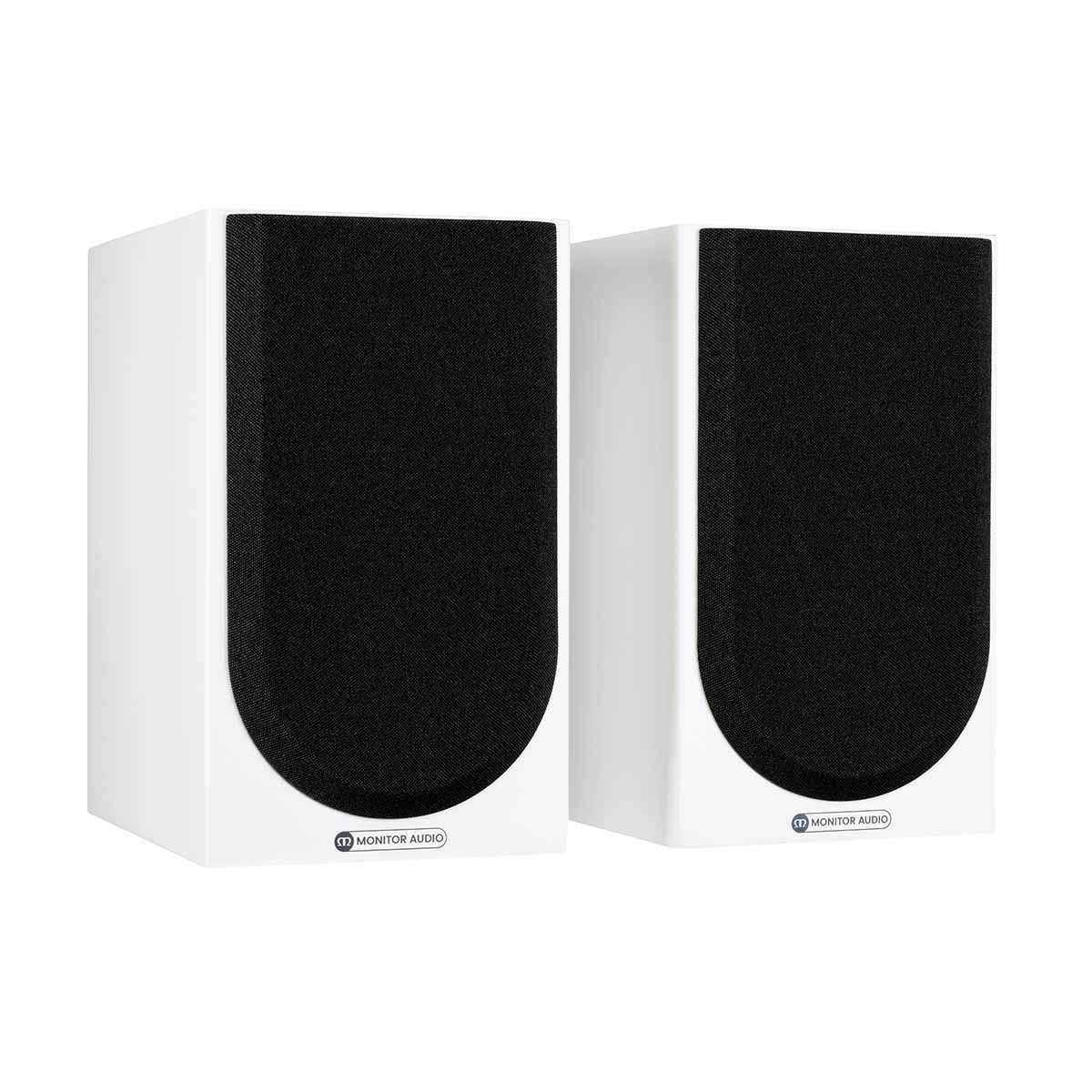 Monitor Audio Silver 50 7G Bookshelf Speakers, Satin White, front angle with both grilles on