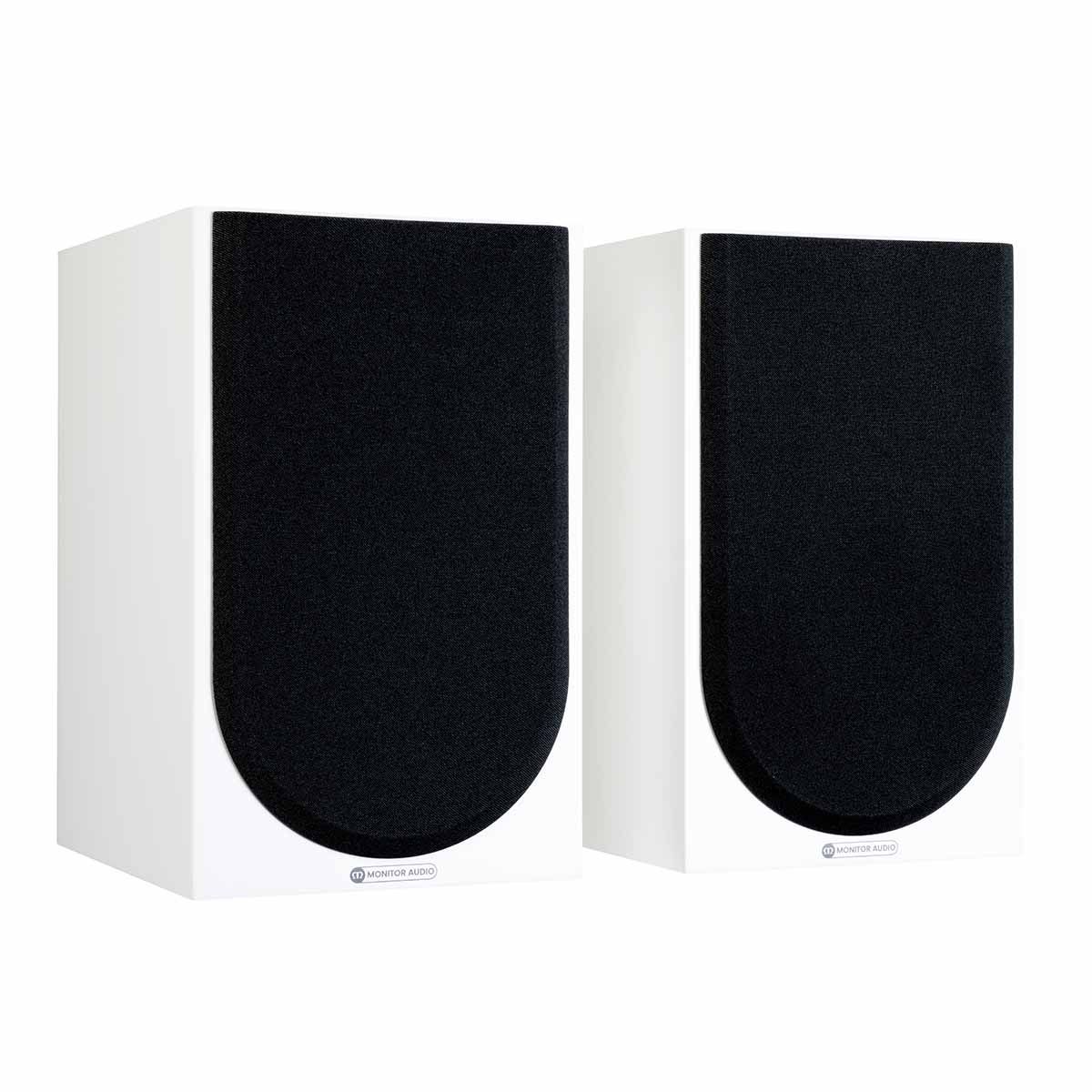 Monitor Audio Silver 100 7G Bookshelf Speakers, Satin White, front angle with both grilles on