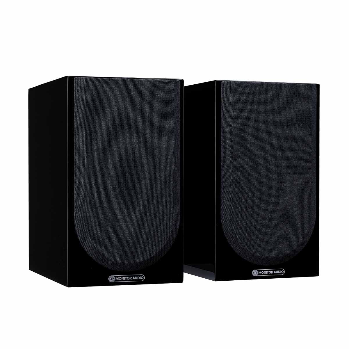 Monitor Audio Silver 50 7G Bookshelf Speakers, High Gloss Black, front angle with both grilles on