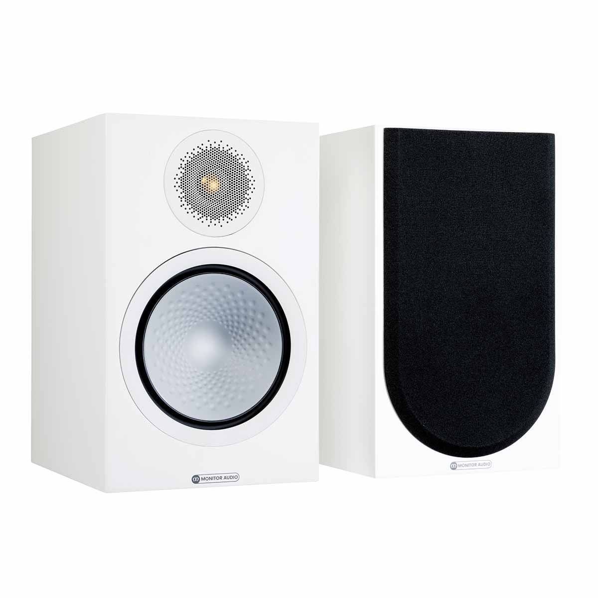 Monitor Audio Silver 100 7G Bookshelf Speakers, Satin White, front angle with one grille on and one grille off