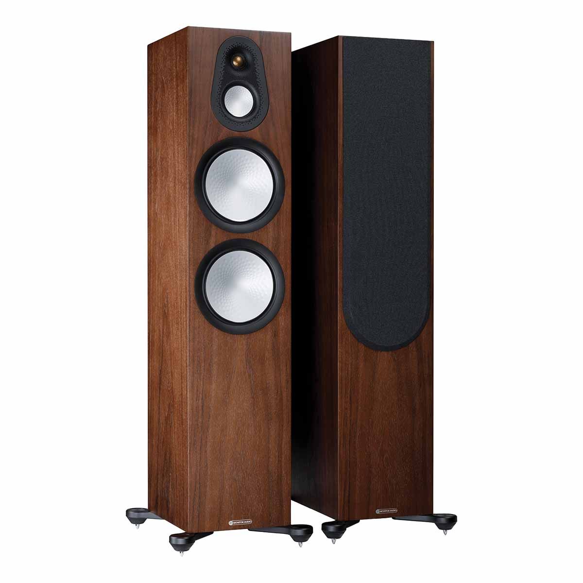 Monitor Audio Silver 500 7G Floorstanding Speakers, Natural Walnut, front angle with one grille on and one grille off