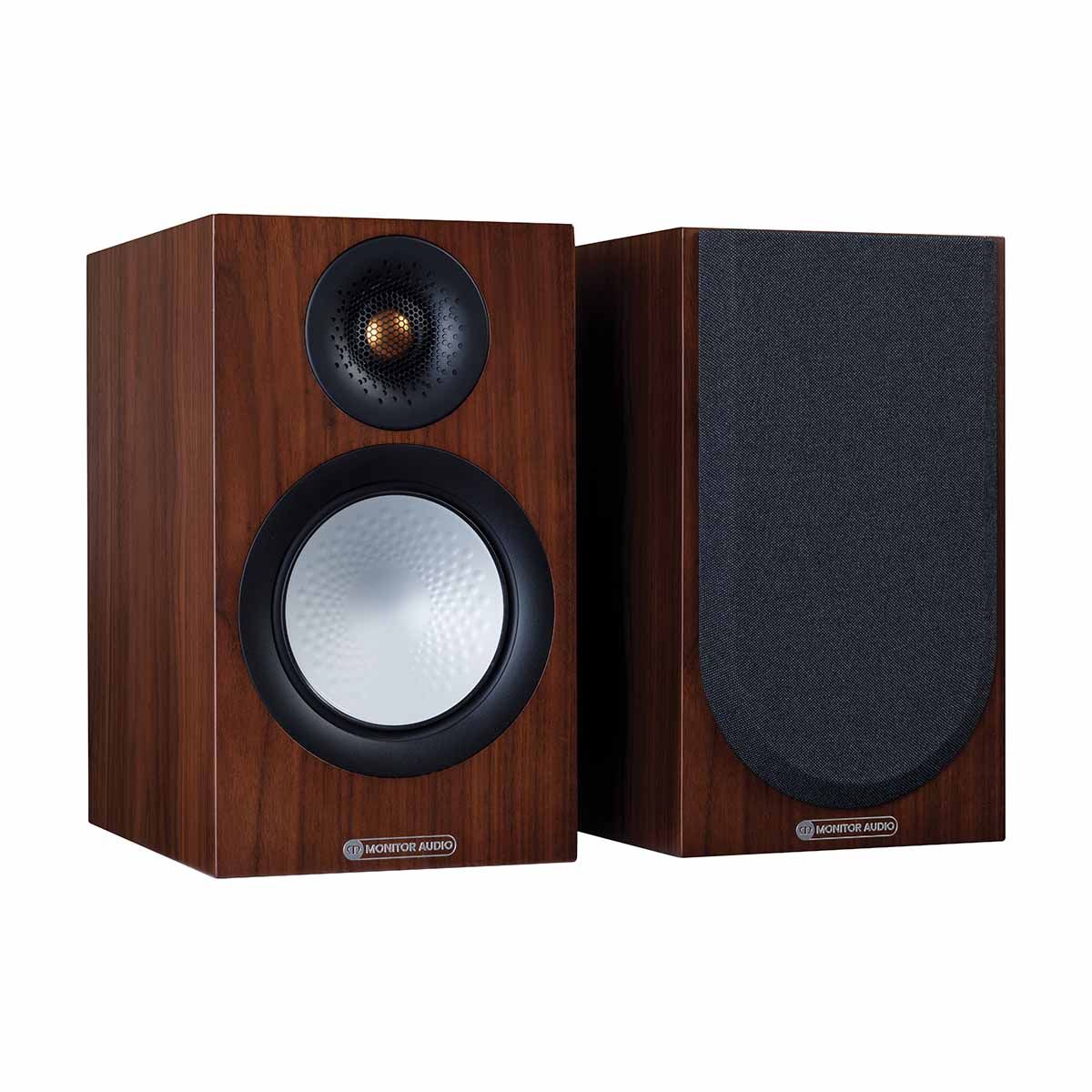 Monitor Audio Silver 50 7G Bookshelf Speakers, Natural Walnut, front angle with one grille on and one grille off
