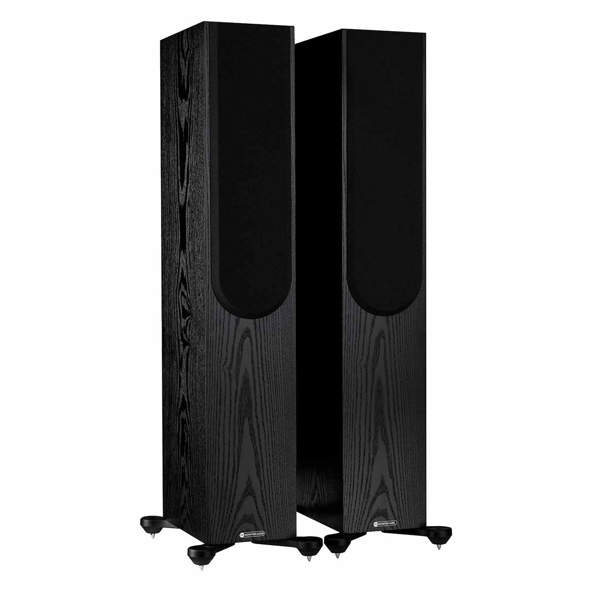 Monitor Audio Silver 300 7G Floorstanding Speakers, Black Oak, front angle with both grilles on