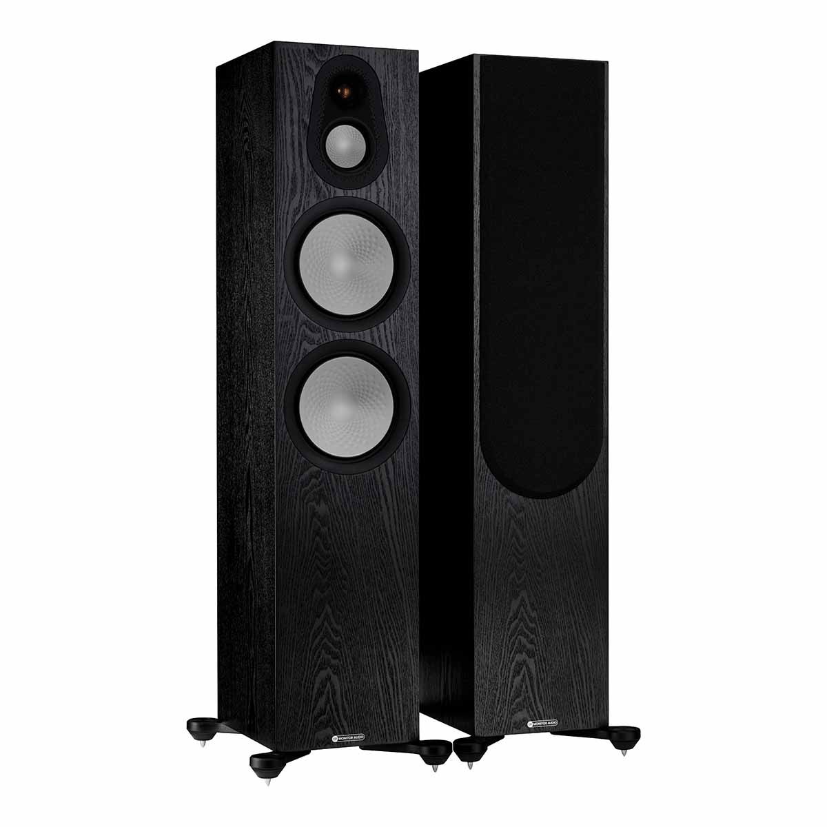 Monitor Audio Silver 500 7G Floorstanding Speakers, Black Oak, front angle with one grille on and one grille off