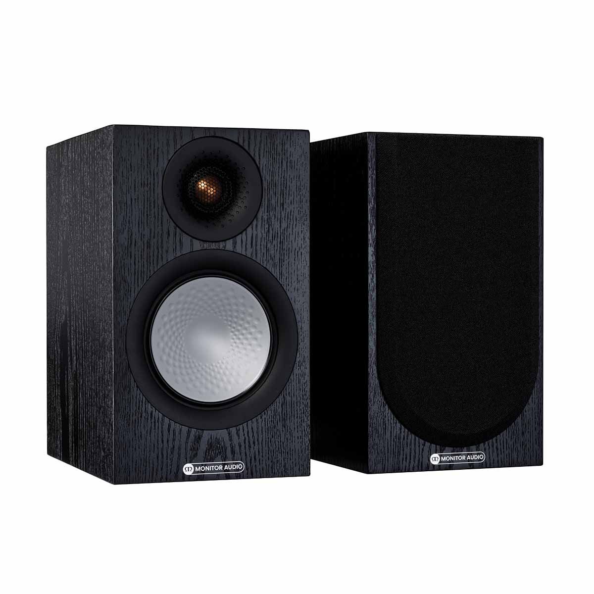 Monitor Audio Silver 50 7G Bookshelf Speakers, Black Oak, front angle with one grille on and one grille off