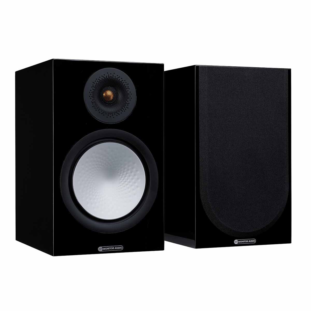 Monitor Audio Silver 100 7G Bookshelf Speakers, High Gloss Black, front angle with one grille on and one grille off
