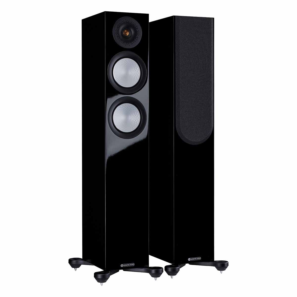 Monitor Audio Silver 200 7G Floorstanding Speakers, High Gloss Black, front angle with one grille on and one grille off