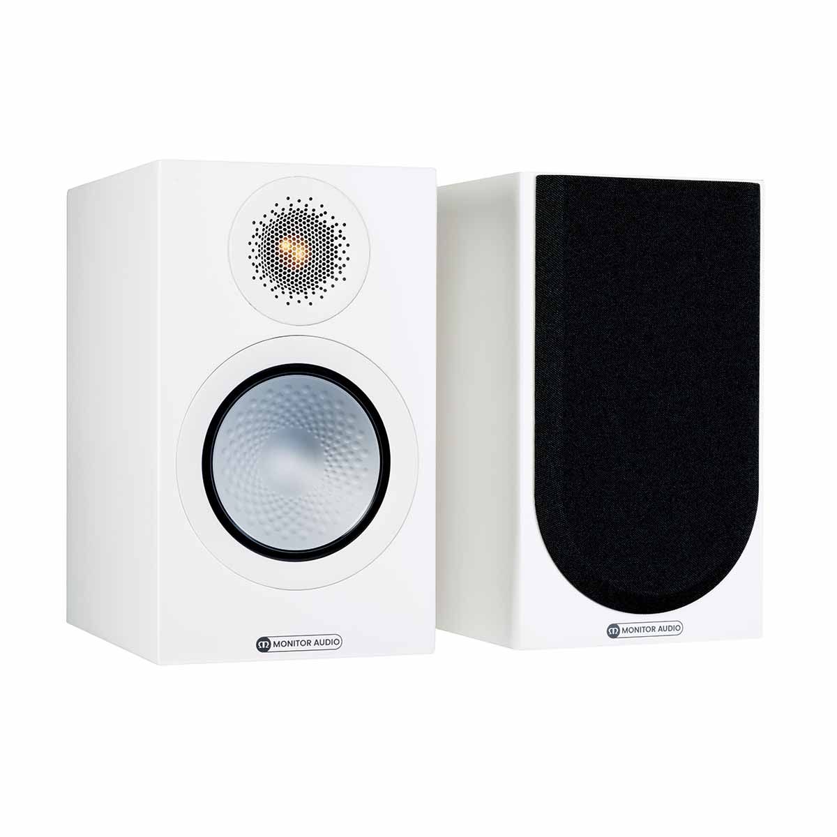 Monitor Audio Silver 50 7G Bookshelf Speakers, Satin White, front angle with one grille on and one grille off