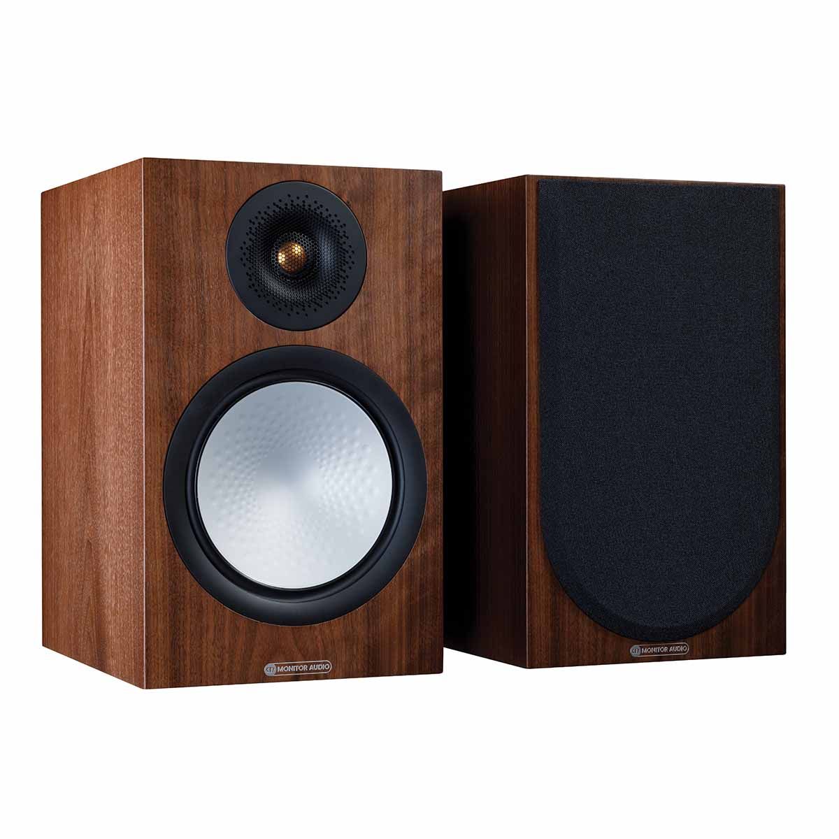 Monitor Audio Silver 100 7G Bookshelf Speakers, Natural Walnut, front angle with one grille on and one grille off