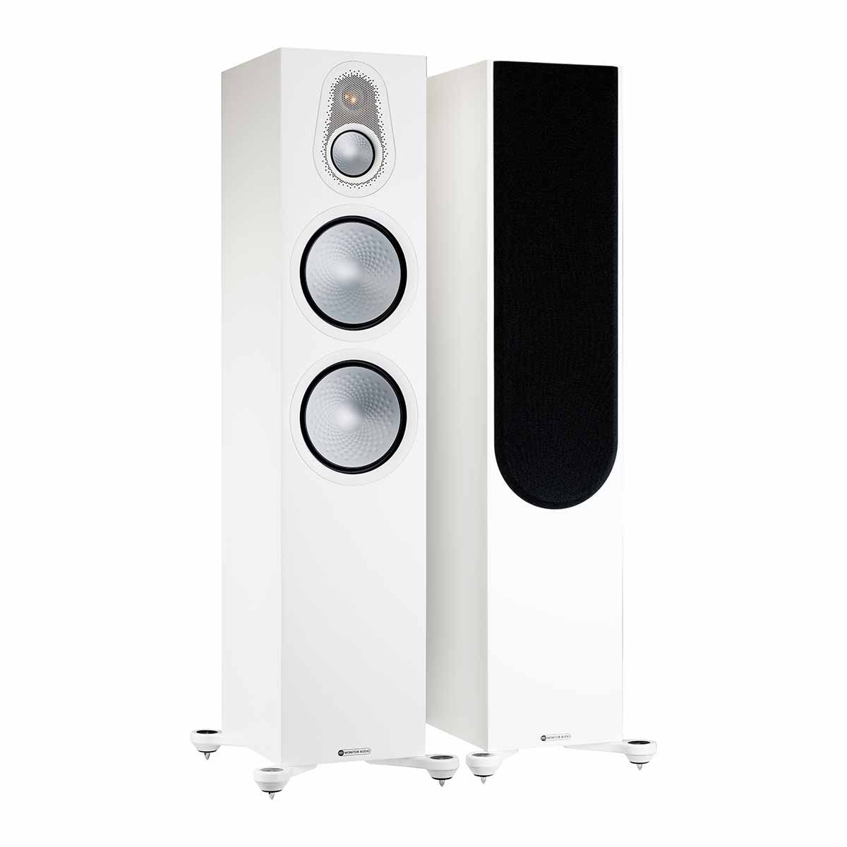 Monitor Audio Silver 500 7G Floorstanding Speakers, Satin White, front angle with one grille on and one grille off
