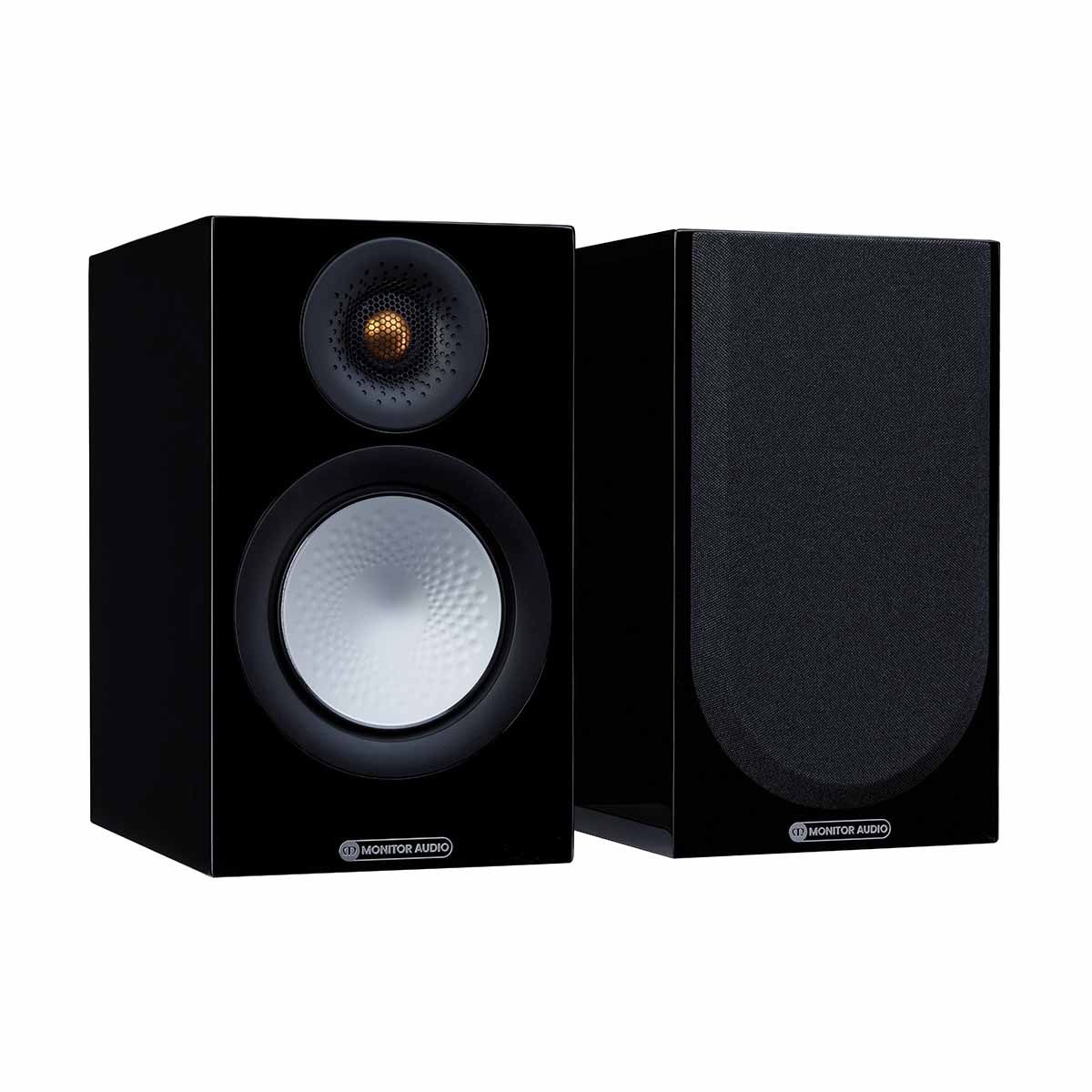 Monitor Audio Silver 50 7G Bookshelf Speakers, High Gloss Black, front angle with one grille on and one grille off
