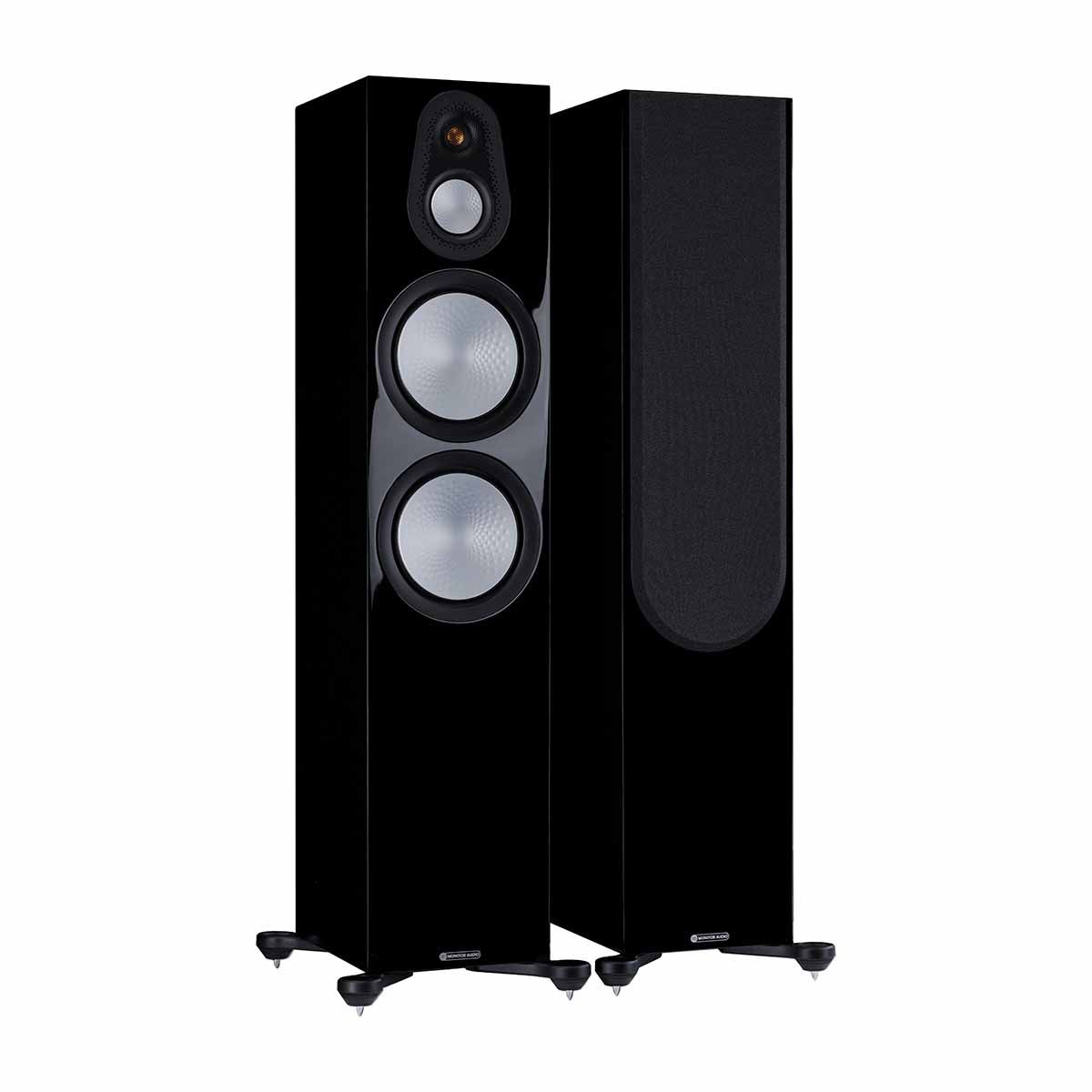 Monitor Audio Silver 500 7G Floorstanding Speakers, High Gloss Black, front angle with one grille on and one grille off