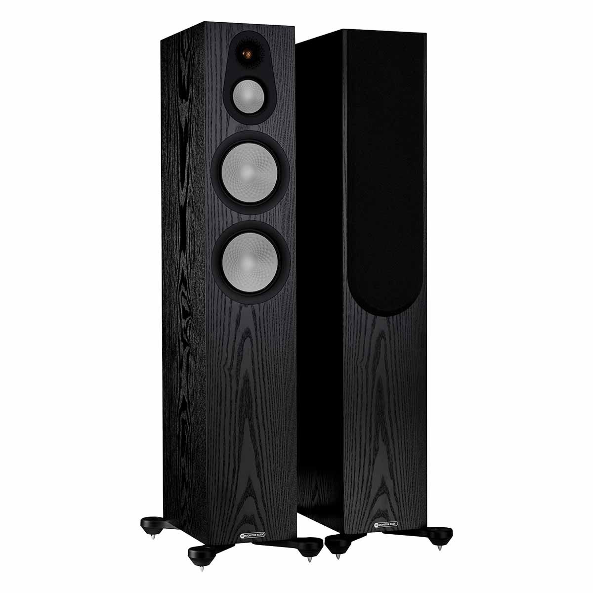 Monitor Audio Silver 300 7G Floorstanding Speakers, Black Oak, front angle with one grille on and one grille off