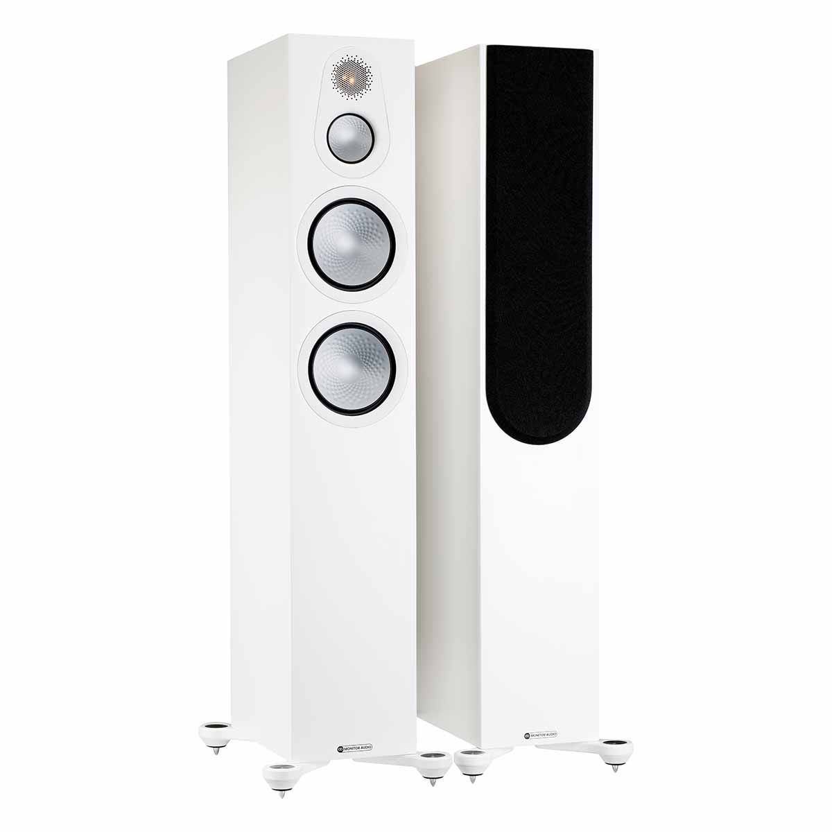 Monitor Audio Silver 300 7G Floorstanding Speakers, Satin White, front angle with one grille on and one grille off