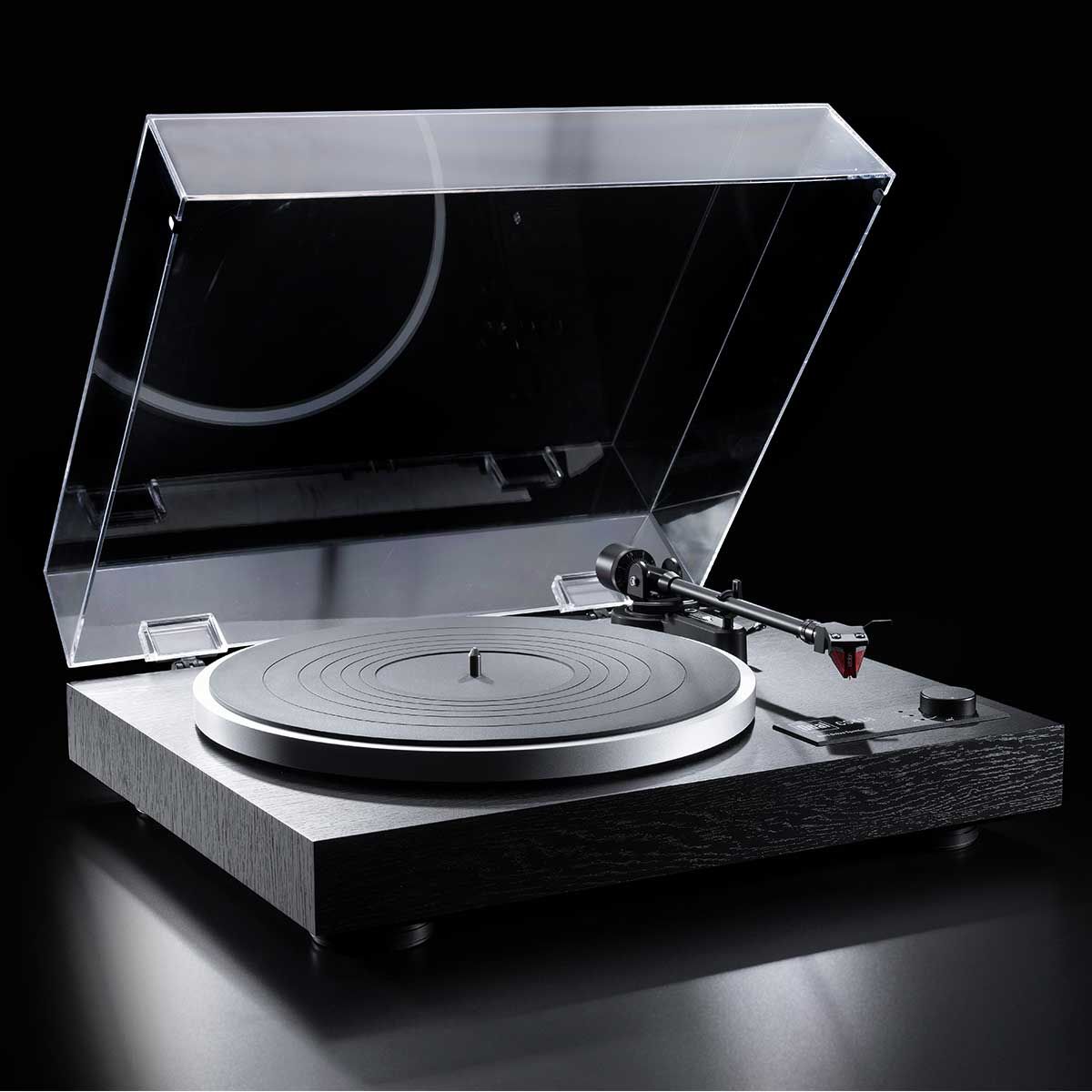 Dual CS418 Manual Turntable, Black Vinyl, front angle with dustcover open