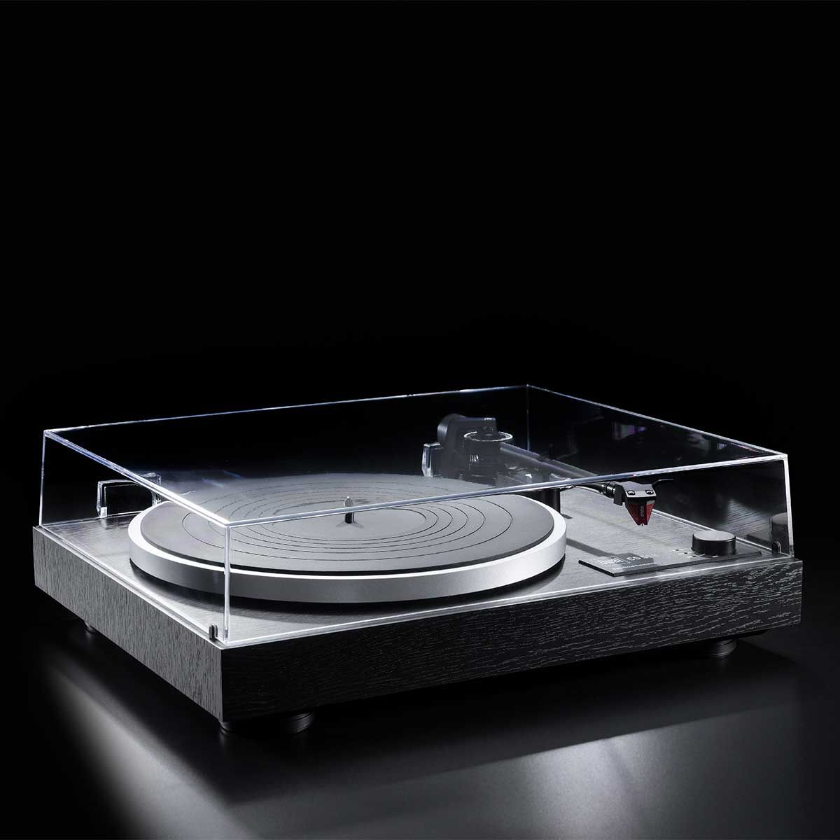 Dual CS518 Manual Turntable, Black Vinyl, front angle with dustcover down