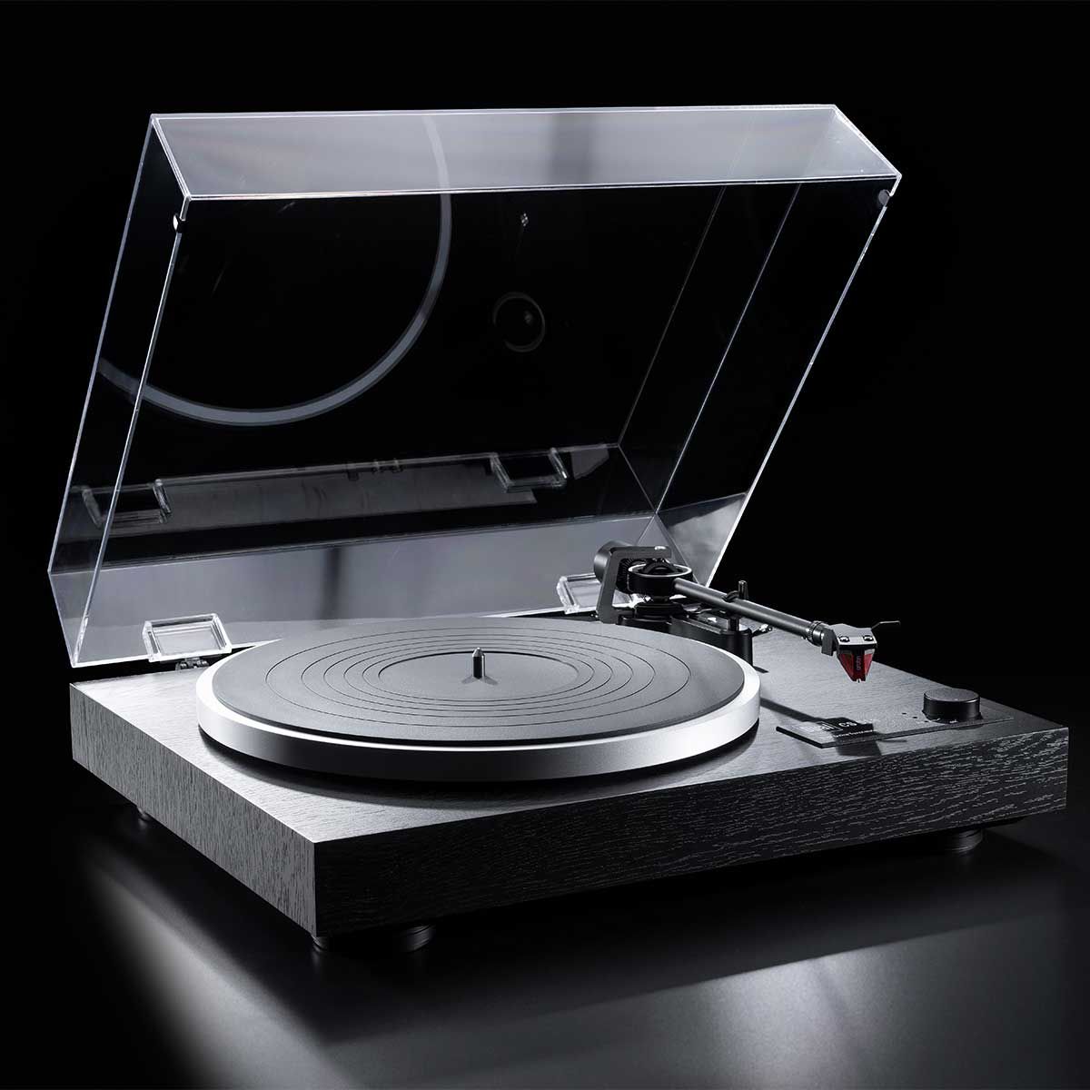 Dual CS518 Manual Turntable, Black Vinyl, front angle with dustcover up
