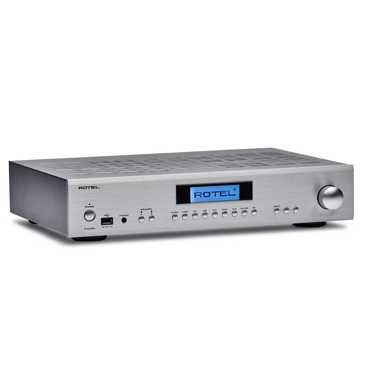 Rotel A12 MKII Integrated Amplifier, Silver, front angle