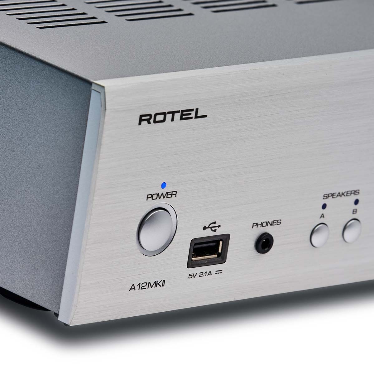 Rotel A12 MKII Integrated Amplifier, Silver, power button detail