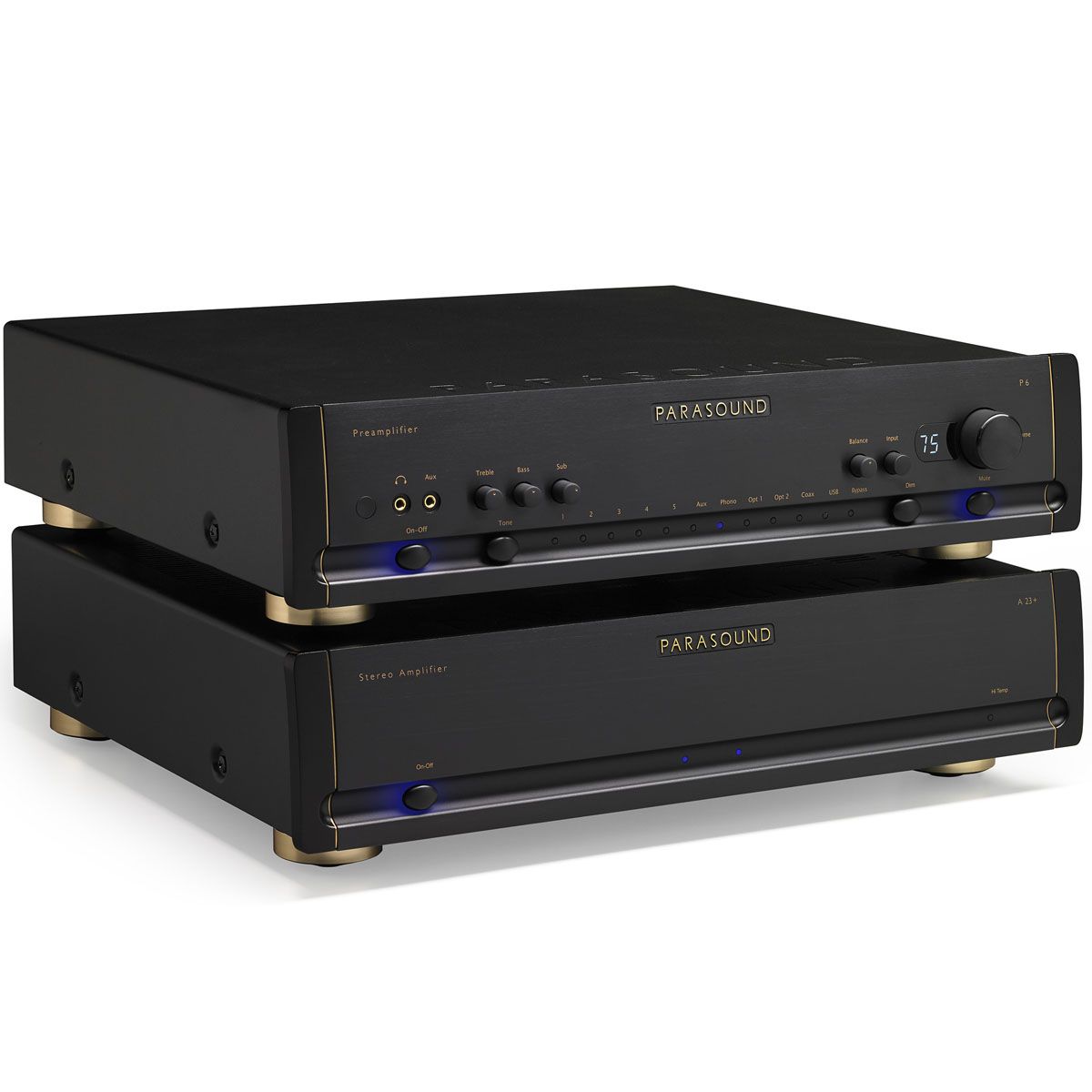 Parasound Halo A23+ Stereo Power Amplifier stacked with P6 preamplifier