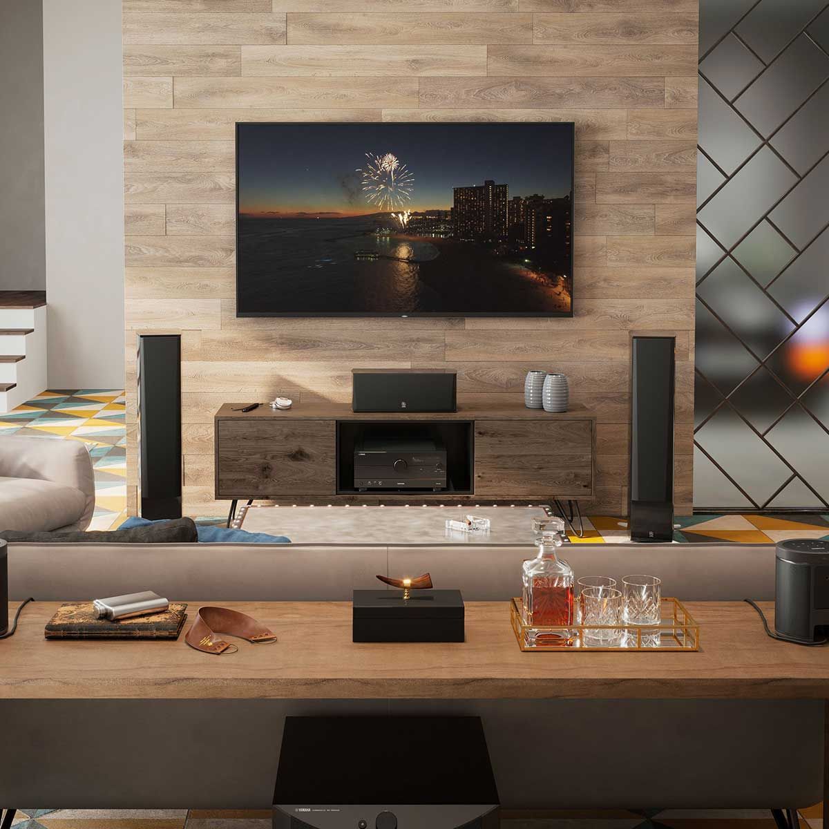 Yamaha Aventage RX-A4A 7.2-Channel A/V Receiver, Black, on a wood media console in a warmly-lit living space, with a home theater setup