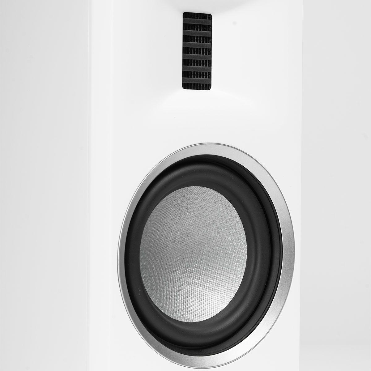 MartinLogan Motion XT B10  Bookshelf Speaker in white, angled view without grilles on white background