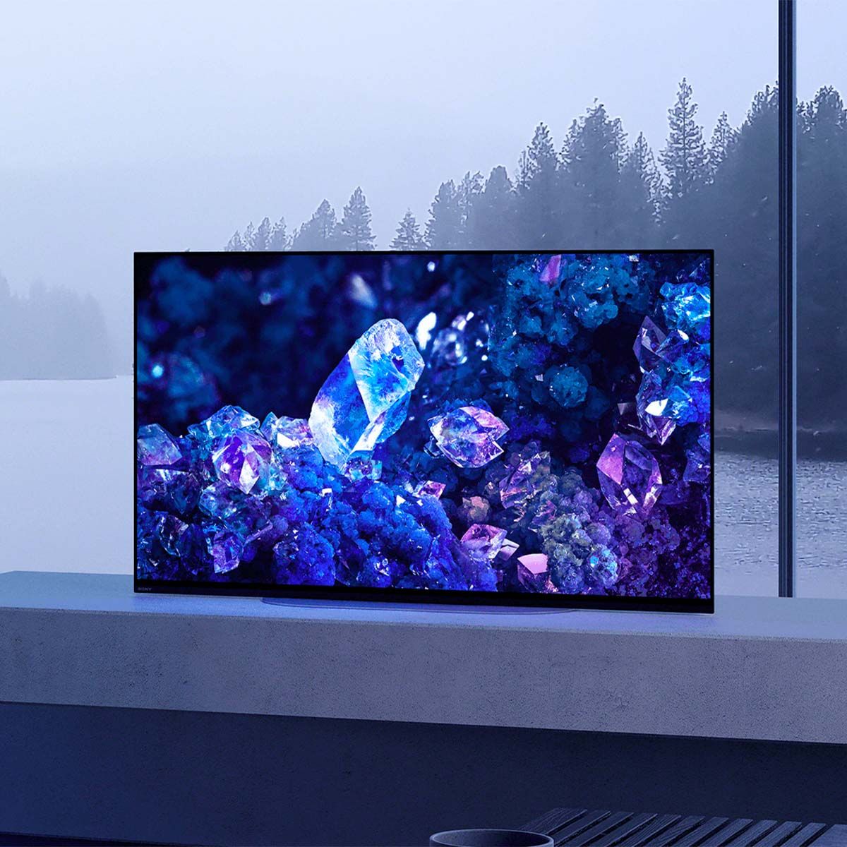 Sony BRAVIA XR A90K 4K HDR OLED Television, on media stand in front of large window with forest view