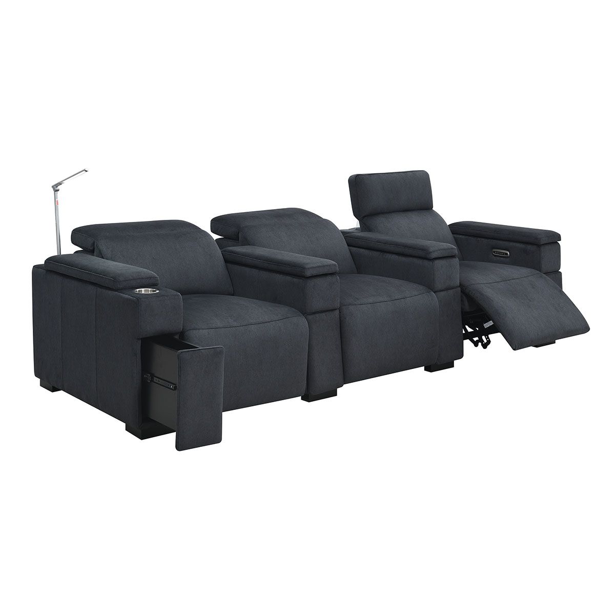 RowOne Calveri - Charcoal Patterned Polyester Microfiber Fabric - 3 Chair Row - angled front view - opened